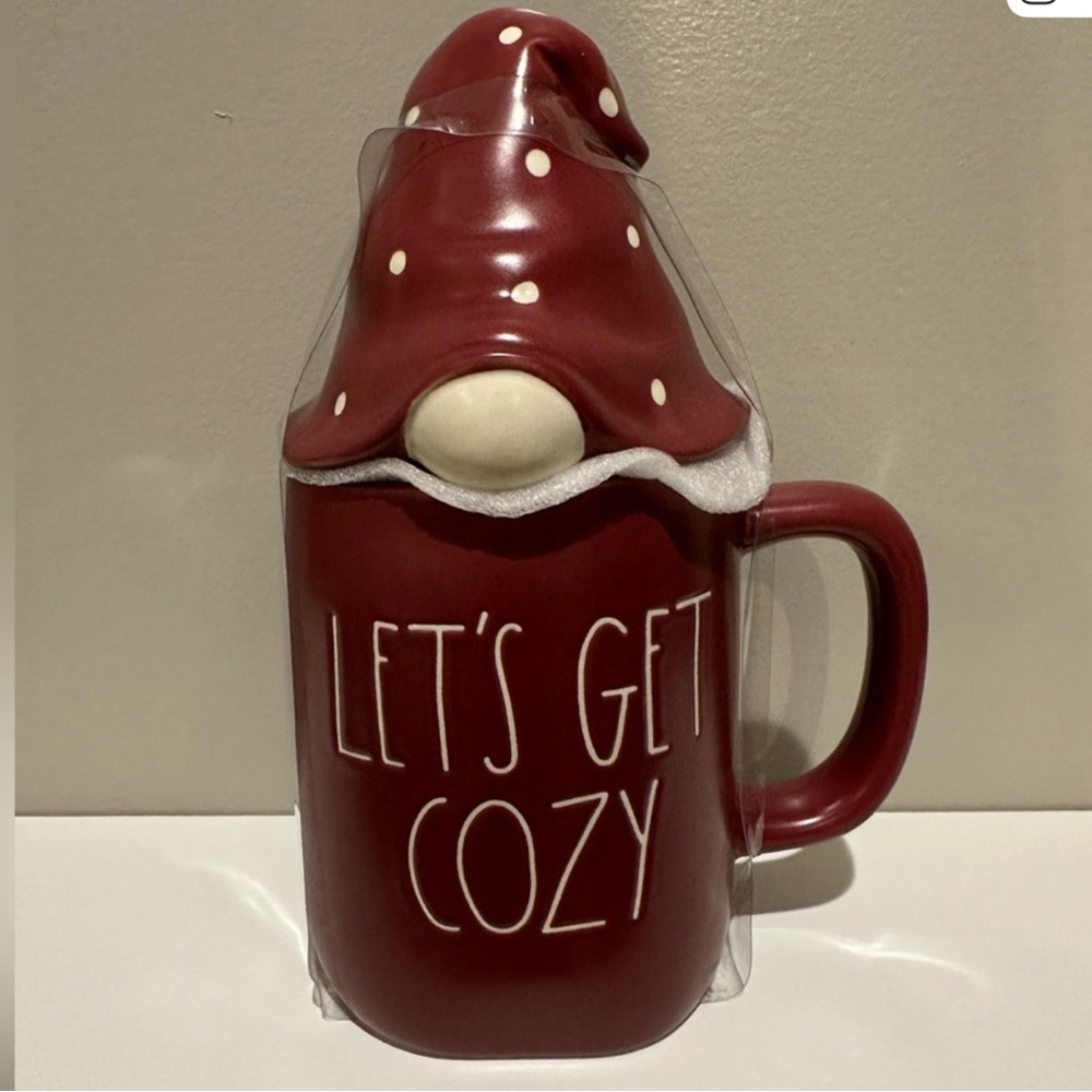 Rae Dunn Burgundy 'Let's Get Cozy' Mug with Santa Topper